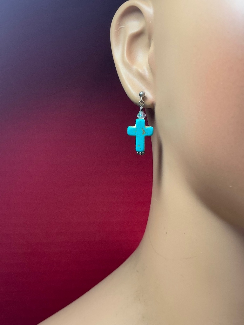 Sterling Silver Turquoise Cross Stud Earrings. 1.25 inches long